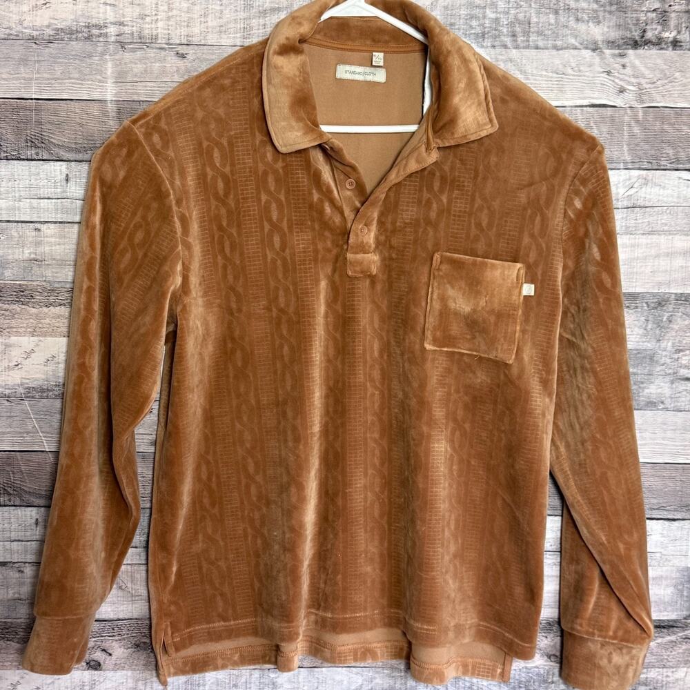 Standard Cloth Urban Outfitters Velour Polo Shirt Mens XL Brown Geometric